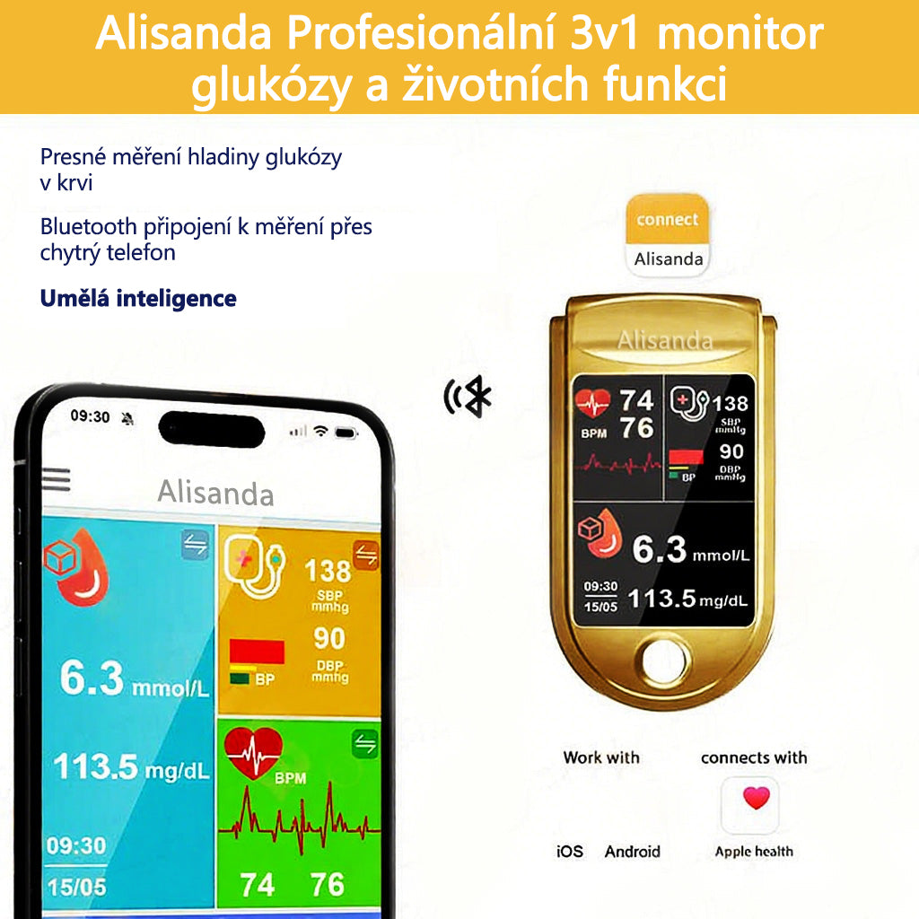 3 v 1 monitor zdraví Bezbolestné testování – extrémně rychlé měření – přesné sledování ✅ Hladina cukru v krvi ✅ Srdeční frekvence ✅ Kyslík v krvi Vše v jednom!
